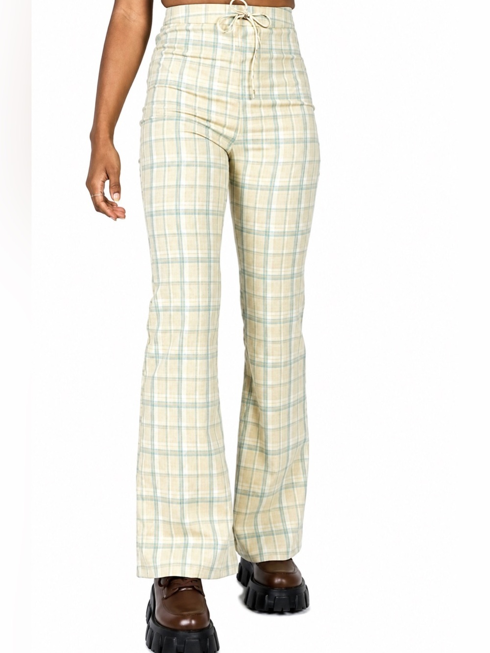Princess Polly cream plaid flare pants, size 10
